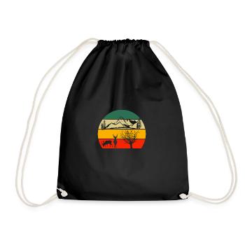 Forest Animal Mountains Hiking Tree Deer Retro Nature - Drawstring Bag - black - Front