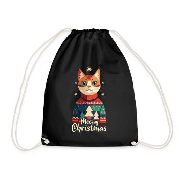 Meowy Christmas - Geschenk mit Katze - Turnbeutel - Schwarz - Vorne
