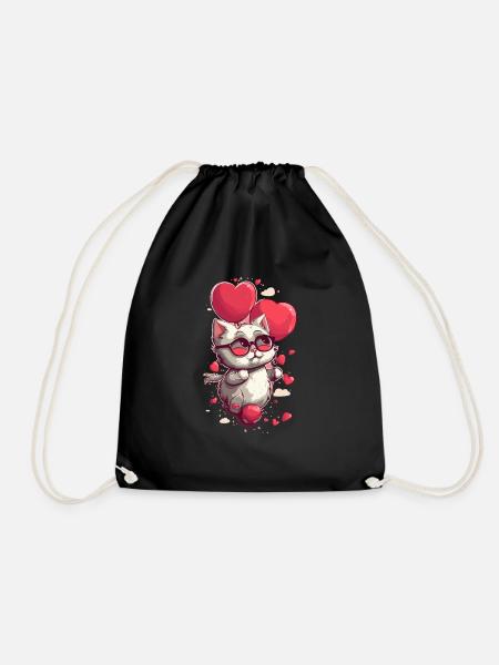 Chibi Love Cat - Drawstring Bag - black