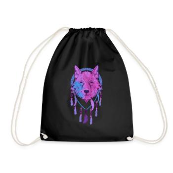Animal Motif Gift Indian Dream Catcher Wolf - Drawstring Bag - black - Front