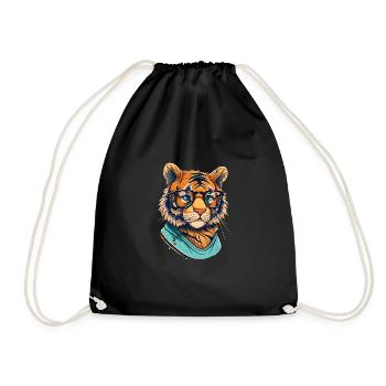 Tiger als Nerd mit Buch - Turnbeutel - Schwarz - Vorne