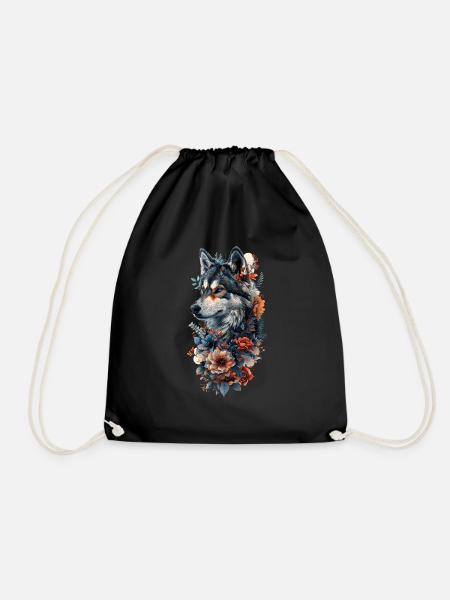 Husky und Blüten - Turnbeutel - Schwarz