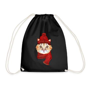 winter cat - Drawstring Bag - black - Front