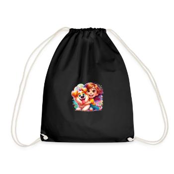 Girl with cute dog - Drawstring Bag - black - Front
