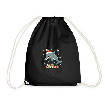 Dolphin with Santa Hat - Snowflakes - Drawstring Bag - black - Front