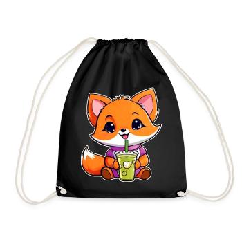 Cute Fox with Bubble Tea - Drawstring Bag - black - Front