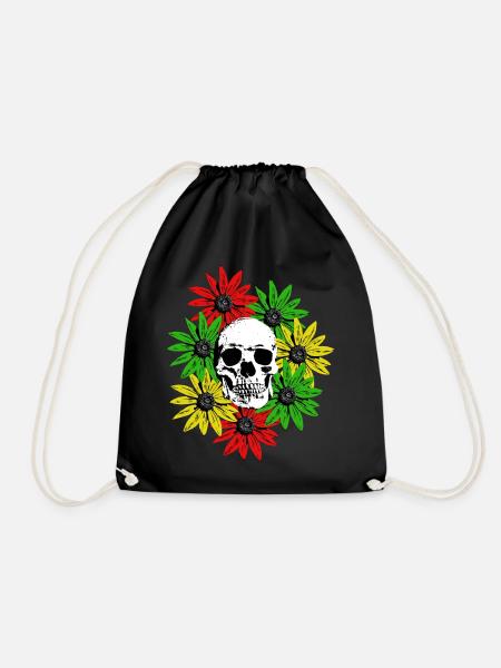 Blumen gerahmter Totenkopf - Turnbeutel - Schwarz