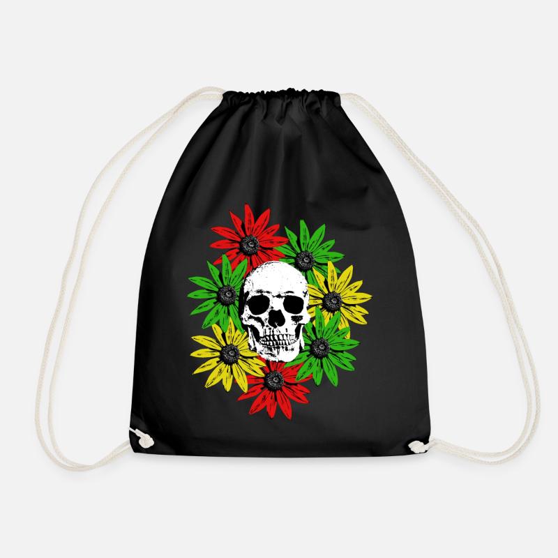Blumen gerahmter Totenkopf - Turnbeutel - Schwarz