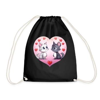 Two cute love cats, two cute cats in the heart cat - Drawstring Bag - black - Front