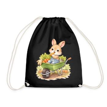 Cute bunny with carrots in wheelbarrow - Drawstring Bag - black - Front