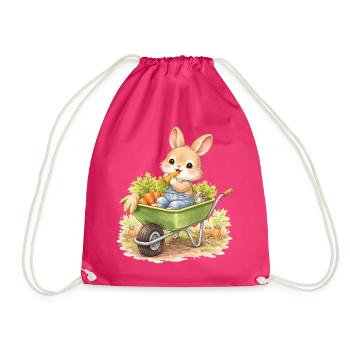 Cute bunny with carrots in wheelbarrow - Drawstring Bag - fuchsia - Front