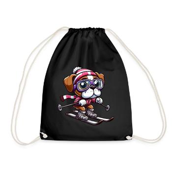 Boxer dog on skis - winter holiday in comic style - Drawstring Bag - black - Front