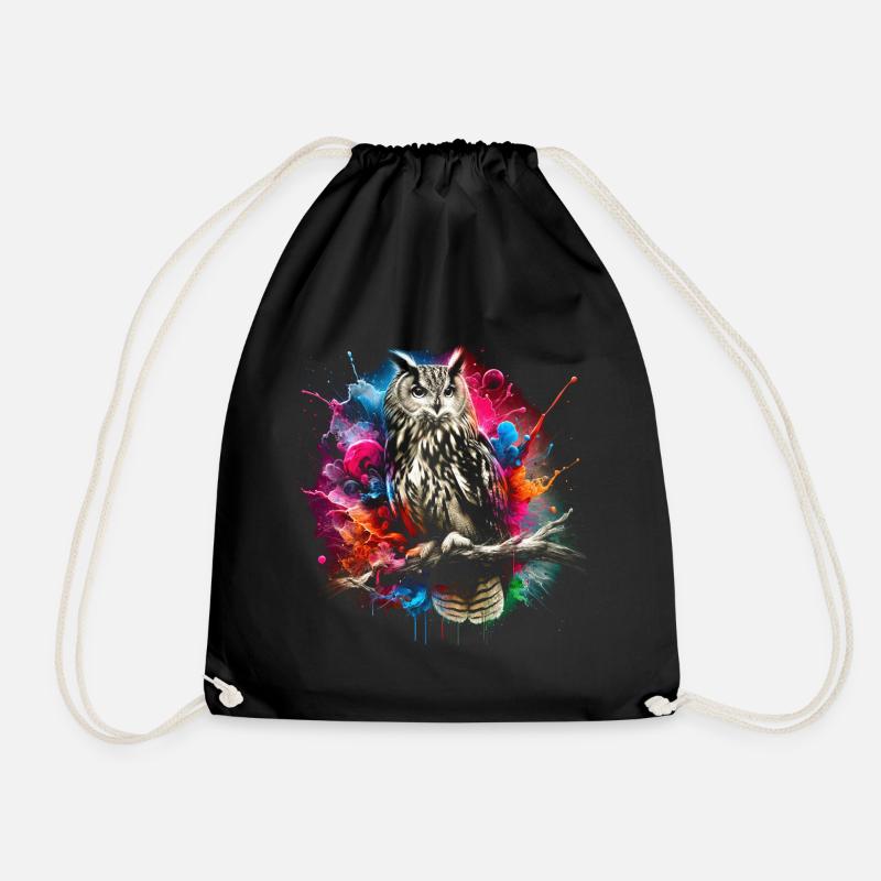 Colorful owl with cool color splashes - Drawstring Bag - black