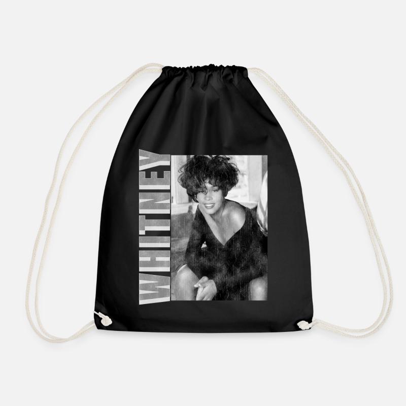 Whitney Houston Photo Black And White And Name Tag - Drawstring Bag - black