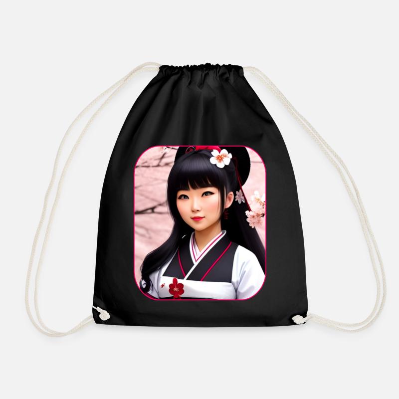 Niedliche Geisha mit Kirschblüten - Turnbeutel - Schwarz