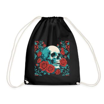retro skull with red roses design - Drawstring Bag - black - Front