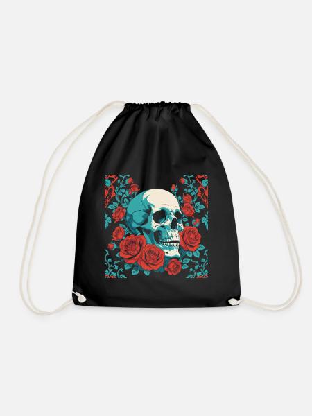 Retro Totenkopf mit roten Rosen Design - Turnbeutel - Schwarz
