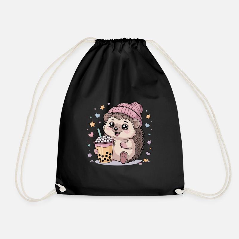 Kawaii Igel: Süßer Bubble Tea Fan - Turnbeutel - Schwarz