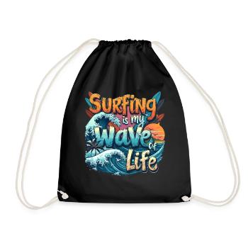 Surfing is My Wave of Life – Surfer & Ozean - Turnbeutel - Schwarz - Vorne