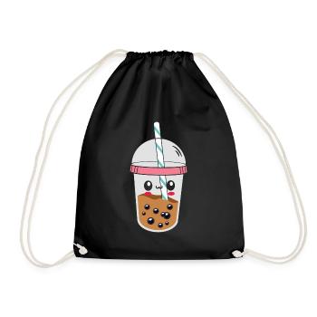 A Funny Kawaii Face Boba Tea Bubble Tea - Drawstring Bag - black - Front