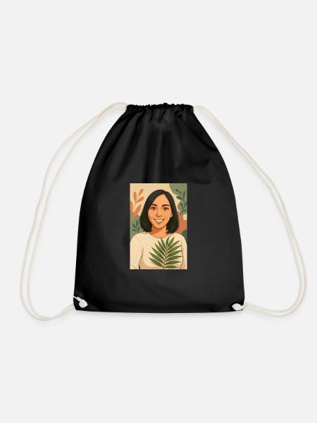 Rooted Soul Botanical Self Portrait Illustration - Drawstring Bag - black