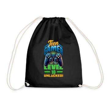 Funny Gamer 10th Birthday Boy Teen Gamer Level 10 - Drawstring Bag - black - Front