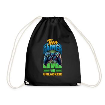Funny Gamer 10th Birthday Boy Teen Gamer Level 10 - Drawstring Bag - black - Front