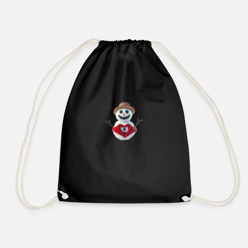 Snowman with heart No. 3, - Drawstring Bag - black