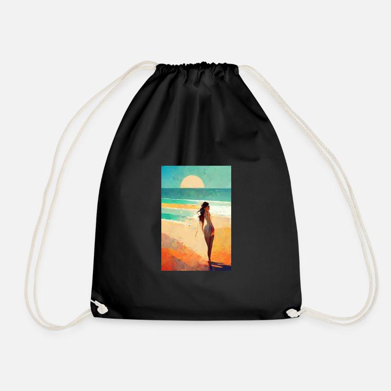 Vintage woman on the beach - Drawstring Bag - black