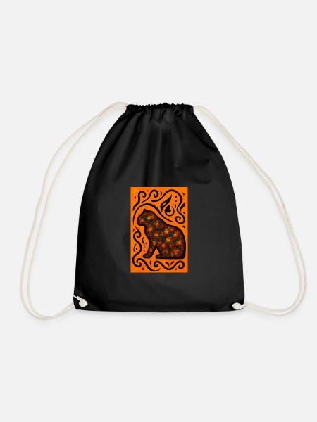 Mystic Cat Mandala Orange - Drawstring Bag - black