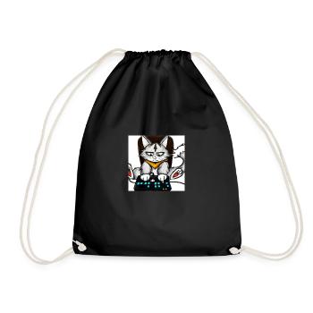 Cat Playing Computer Games Comic - Drawstring Bag - black - Front