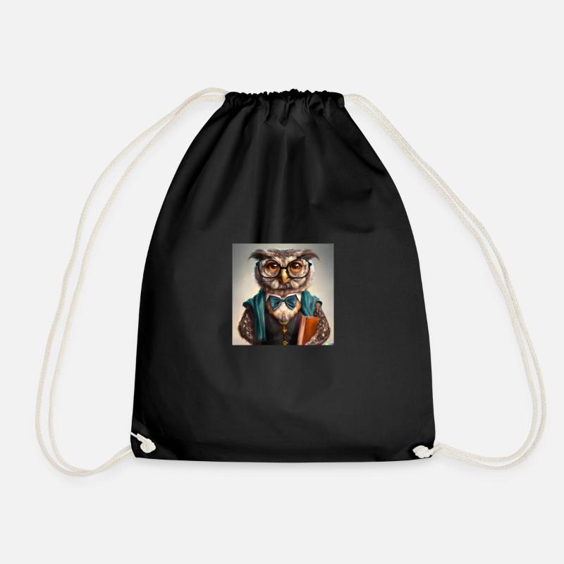 owl dressed as a librarian - Drawstring Bag - black