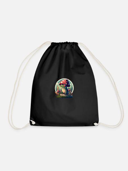 Cartoon Frog with Mushrooms - Drawstring Bag - black