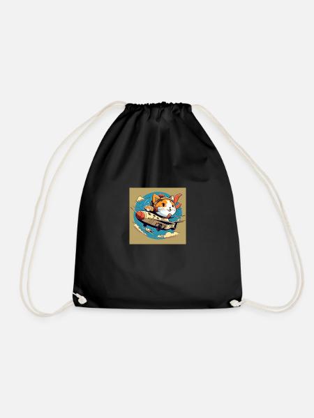 Cartoon flying cat - Drawstring Bag - black