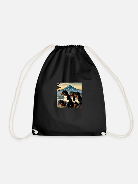 Rottweiler Dog Japanese Woodblock Print Mount Fuji - Drawstring Bag - black