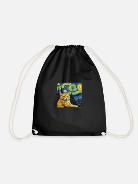 Red Cat in Van Gogh's Starry Night - Drawstring Bag - black