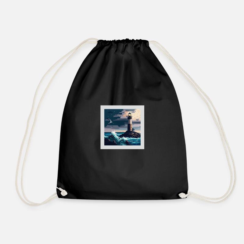 Phare avec mouette dans une mer orageuse en pixel art - Sac de sport léger - noir