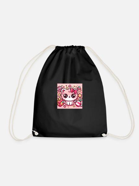 Kawaii Candy Christmas Katte - Drawstring Bag - black