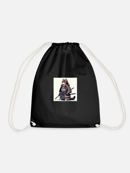 Samurai Cat with Traditional Armor Illustration - Drawstring Bag - black