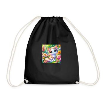 A cute anime cat in a flower garden - Drawstring Bag - black - Front