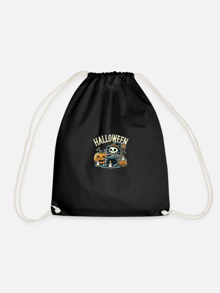 Cute Halloween skeleton with pumpkin and cauldron - Drawstring Bag - black