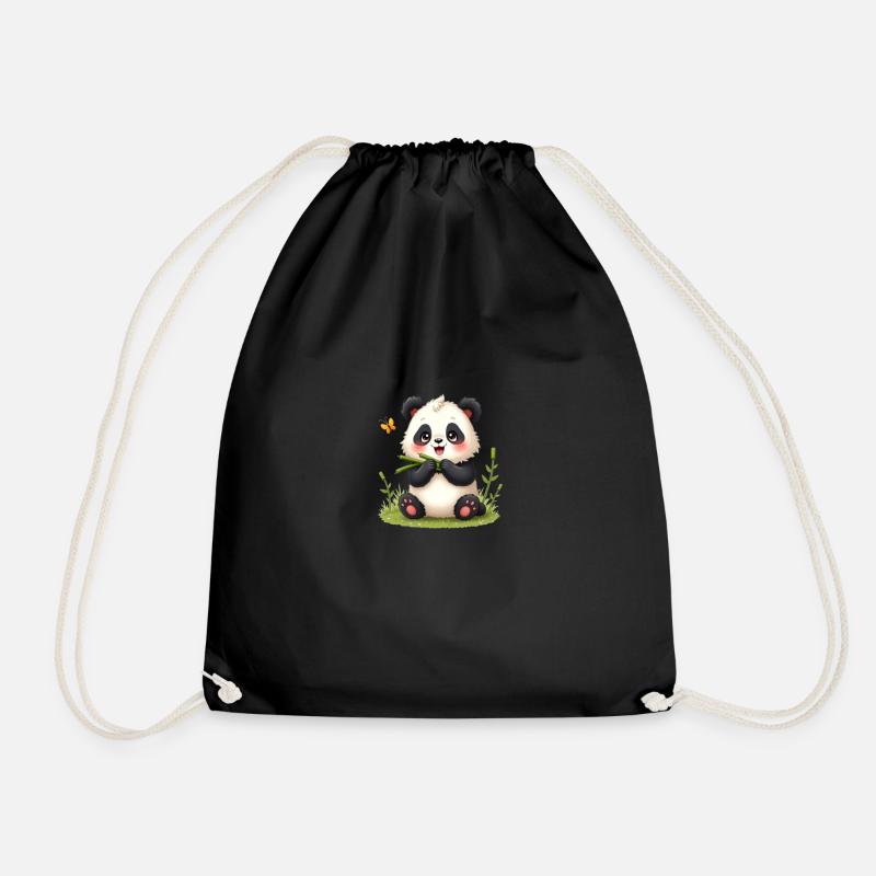 Mignon panda de dessin animé avec bambou et papillon - Sac de sport léger - noir