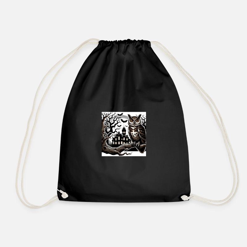 Owl Halloween and Haunted Castle - Drawstring Bag - black