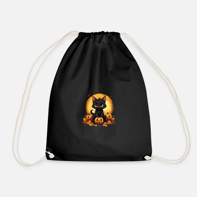 Katze schwarz mit Kürbis - Halloween - Turnbeutel - Schwarz