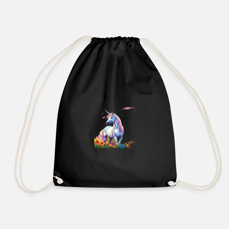 Himmlisches Einhorn im Blumenfeld mit Schmetterlin - Turnbeutel - Schwarz
