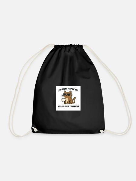 Cat Theme with Coffee Mug and Sunglasses - Drawstring Bag - black