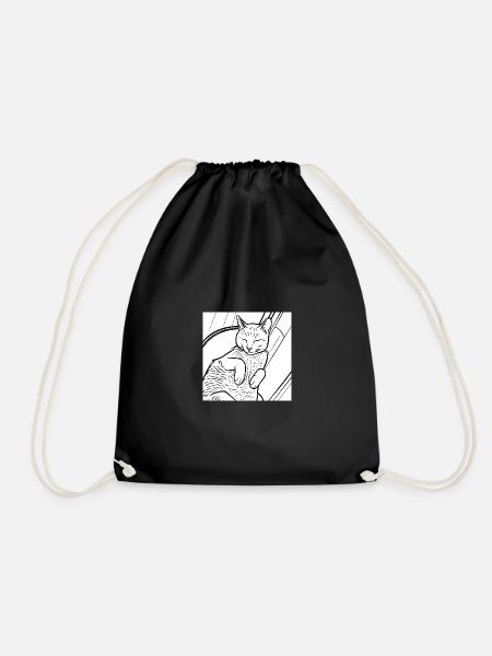 Sleeping Cat Line Art - Drawstring Bag - black