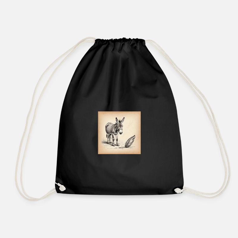 Donkey and Feather Sepia Sketch - Drawstring Bag - black
