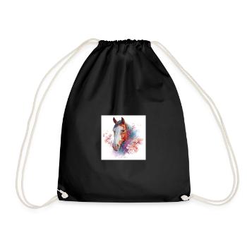 Watercolor Horse with Cherry Blossoms - Drawstring Bag - black - Front