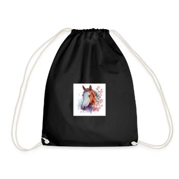 Watercolor Horse and Cherry Blossoms - Drawstring Bag - black - Front